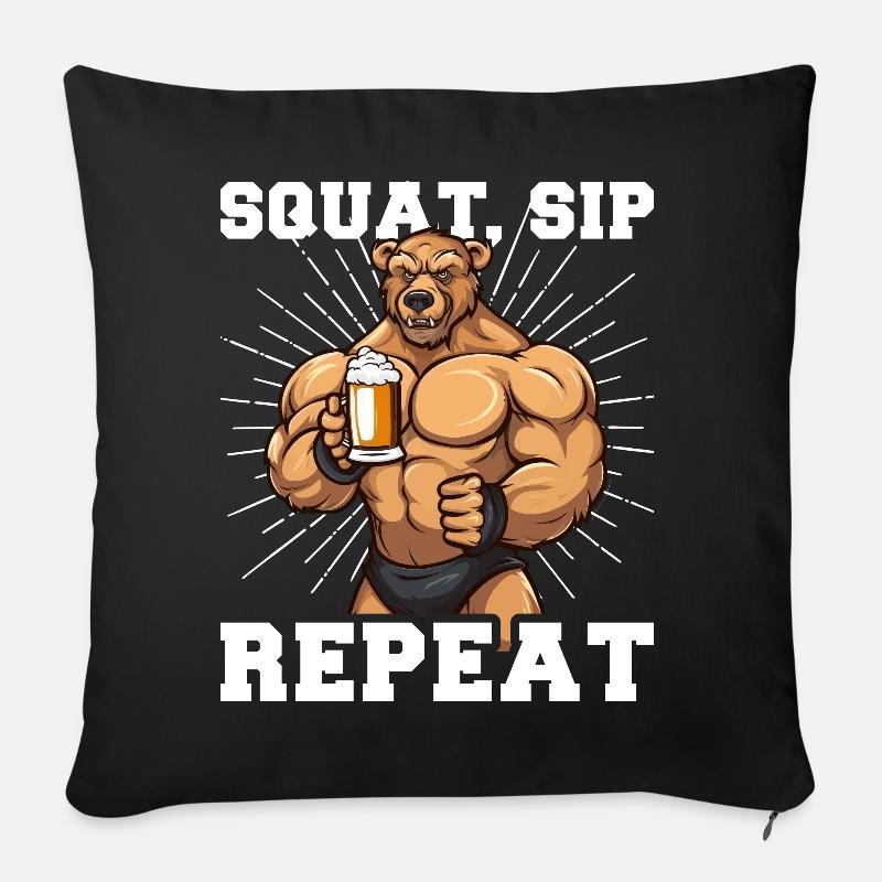 Bodybuilder Gym Bière Squat Sip Répéter - Housse de coussin décorative 45 x 45 cm - noir
