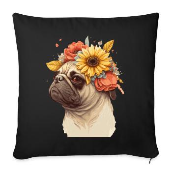 Fleur de carlin mignon Crown Pet Dog Breed Floral Puppy - Housse de coussin décorative 45 x 45 cm - noir - Devant