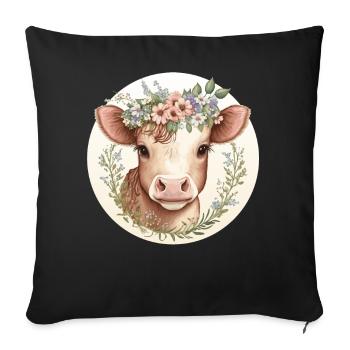 Cottagecore Mignon Bébé Vache Veau Floral Animal de Ferme - Housse de coussin décorative 45 x 45 cm - noir - Devant