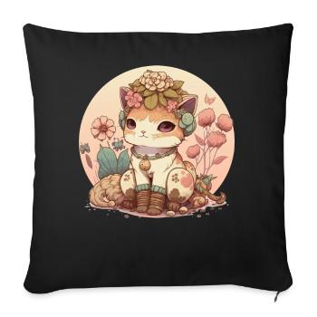 Cottagecore Cute Baby Cat Kitten Flower Anime Sola - Sofa pillowcase 17,3'' x 17,3'' (45 x 45 cm) - black - Front