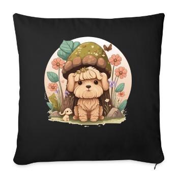 Cottagecore Mignon Bébé Chien Kawaii Puppy Anime Flora - Housse de coussin décorative 45 x 45 cm - noir - Devant