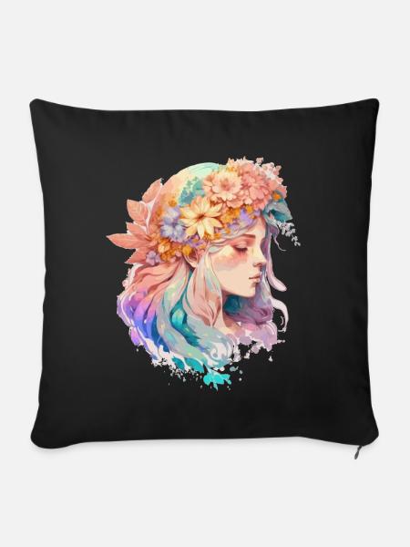 Watercolor Girl Spring Flower Crown Fairy Cottagec - Sofakissenbezug 45 x 45 cm - Schwarz