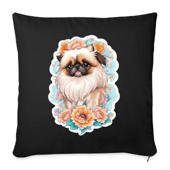 Chien pékinois avec motif de couronne de fleurs - Housse de coussin décorative 45 x 45 cm - noir - Devant