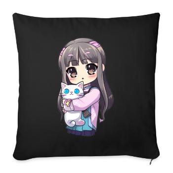 Anime Cats Kawaii Teen Otaku Girl With Cat - Sofa pillowcase 17,3'' x 17,3'' (45 x 45 cm) - black - Front
