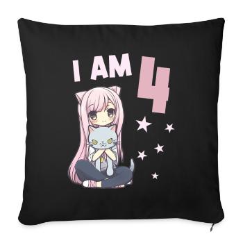 4 ans Fille Anime Kawaii Cat 4ème anniversaire - Housse de coussin décorative 45 x 45 cm - noir - Devant