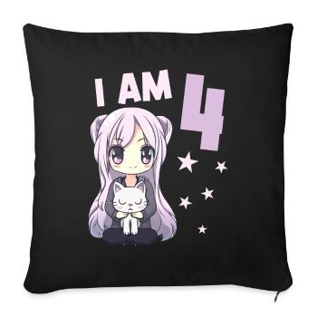 4 ans Fille Anime Kawaii Cat 4ème anniversaire - Housse de coussin décorative 45 x 45 cm - noir - Devant