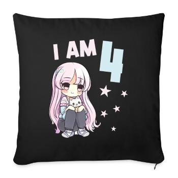 4 ans Fille Anime Kawaii Cat 4ème anniversaire - Housse de coussin décorative 45 x 45 cm - noir - Devant