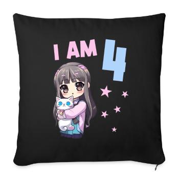 4 ans Fille Anime Kawaii Cat 4ème anniversaire - Housse de coussin décorative 45 x 45 cm - noir - Devant