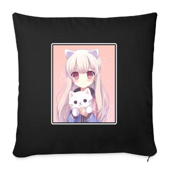 Kawaii Girl Anime Manga Girl Cat - Sofa pillowcase 17,3'' x 17,3'' (45 x 45 cm) - black - Front
