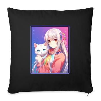 Kawaii Fille Anime Manga Fille Chat - Housse de coussin décorative 45 x 45 cm - noir - Devant