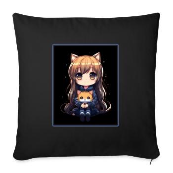 Kawaii Girl Anime Manga Girl Cat - Sofa pillowcase 17,3'' x 17,3'' (45 x 45 cm) - black - Front