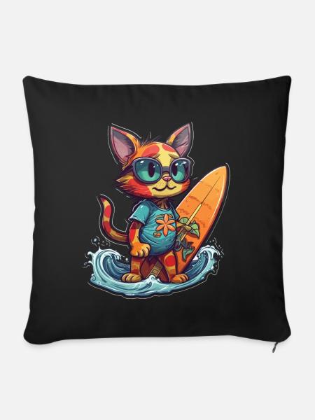 Cat Surfing Beach Surfer Cat - Sofakissenbezug 45 x 45 cm - Schwarz