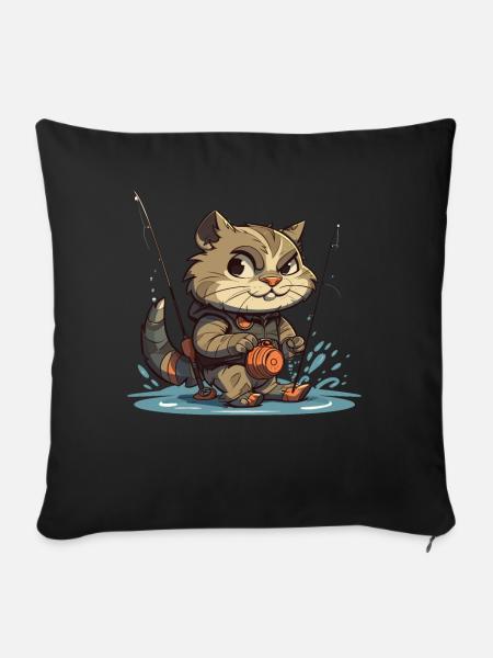 Cat Fishing Fish Pole Angler Cat - Sofakissenbezug 45 x 45 cm - Schwarz