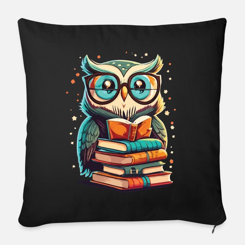 Eule auf einem Bücherstapel - Sofakissenbezug 45 x 45 cm - Schwarz