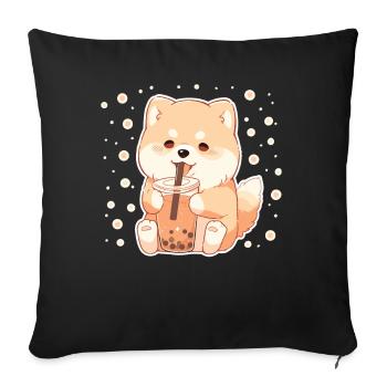 Kawaii Corgi Dog Drinks Boba Bubble Tea Chibi - Sofa pillowcase 17,3'' x 17,3'' (45 x 45 cm) - black - Front