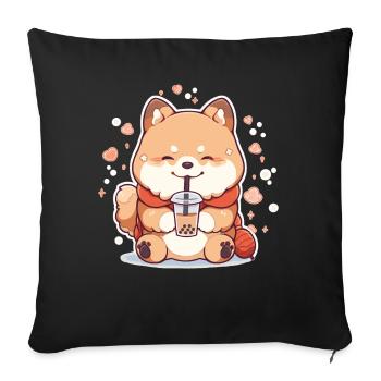 Kawaii Corgi Dog Drinks Boba Bubble Tea Chibi - Sofa pillowcase 17,3'' x 17,3'' (45 x 45 cm) - black - Front
