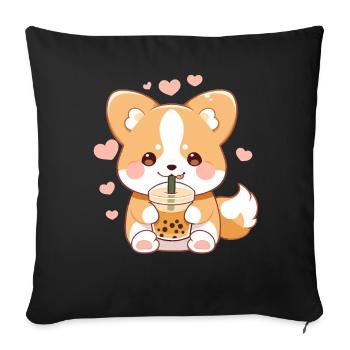 Kawaii Corgi Dog Drinks Boba Bubble Tea Chibi - Sofa pillowcase 17,3'' x 17,3'' (45 x 45 cm) - black - Front
