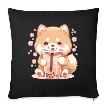 Kawaii Corgi Dog Drinks Boba Bubble Tea Chibi - Sofa pillowcase 17,3'' x 17,3'' (45 x 45 cm) - black - Front