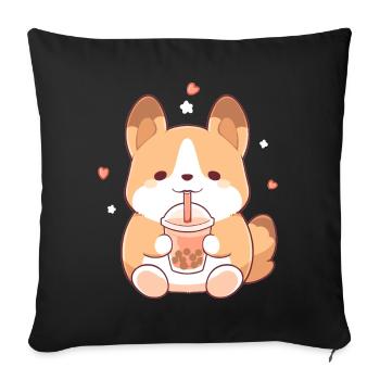 Kawaii Corgi Dog Drinks Boba Bubble Tea Chibi - Sofa pillowcase 17,3'' x 17,3'' (45 x 45 cm) - black - Front