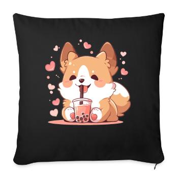 Kawaii Corgi Dog Drinks Boba Bubble Tea Chibi - Sofa pillowcase 17,3'' x 17,3'' (45 x 45 cm) - black - Front