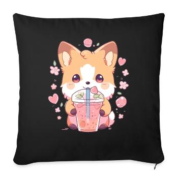 Kawaii Corgi Dog Drinks Boba Bubble Tea Chibi - Sofa pillowcase 17,3'' x 17,3'' (45 x 45 cm) - black - Front