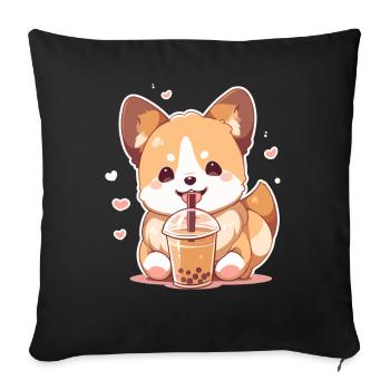 Kawaii Corgi Dog Drinks Boba Bubble Tea Chibi - Sofa pillowcase 17,3'' x 17,3'' (45 x 45 cm) - black - Front