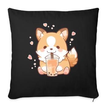 Kawaii Corgi Dog Drinks Boba Bubble Tea Chibi - Sofa pillowcase 17,3'' x 17,3'' (45 x 45 cm) - black - Front