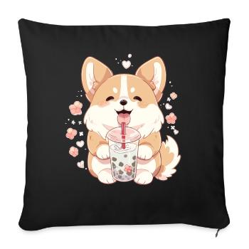 Kawaii Corgi Dog Drinks Boba Bubble Tea Chibi - Sofa pillowcase 17,3'' x 17,3'' (45 x 45 cm) - black - Front