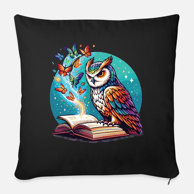 Büchertraum mit Eule und Schmetterlingen - Sofakissenbezug 45 x 45 cm - Schwarz