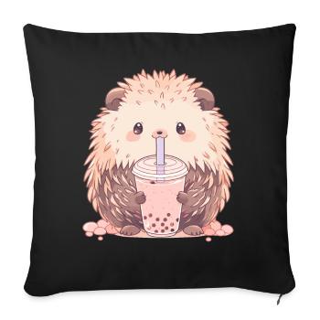 Kawaii Hérisson Boissons Boba Bubble Tea Chibi - Housse de coussin décorative 45 x 45 cm - noir - Devant