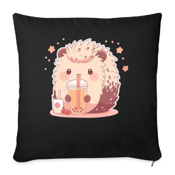 Kawaii Hérisson Boissons Boba Bubble Tea Chibi - Housse de coussin décorative 45 x 45 cm - noir - Devant