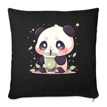 Kawaii Panda trinkt Boba Bubble Tea Chibi - Sofakissenbezug 45 x 45 cm - Schwarz - Vorne
