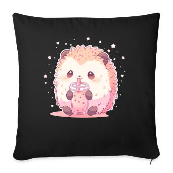 Kawaii Hérisson Boissons Boba Bubble Tea Chibi - Housse de coussin décorative 45 x 45 cm - noir - Devant
