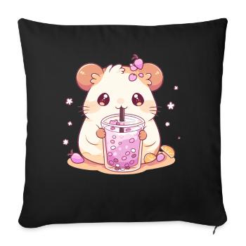 Kawaii Hamster Boissons Boba Bubble Tea Chibi - Housse de coussin décorative 45 x 45 cm - noir - Devant