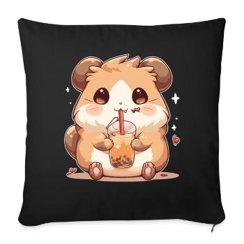 Kawaii Hamster Boissons Boba Bubble Tea Chibi - Housse de coussin décorative 45 x 45 cm - noir - Devant