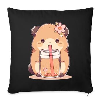 Kawaii Hamster Boissons Boba Bubble Tea Chibi - Housse de coussin décorative 45 x 45 cm - noir - Devant