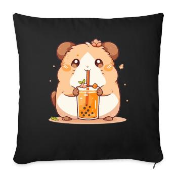 Kawaii Hamster Boissons Boba Bubble Tea Chibi - Housse de coussin décorative 45 x 45 cm - noir - Devant