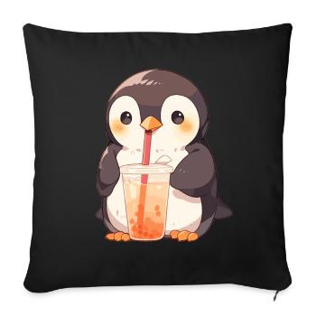 Kawaii Pinguin trinkt Boba Bubble Tea Chibi - Sofakissenbezug 45 x 45 cm - Schwarz - Vorne