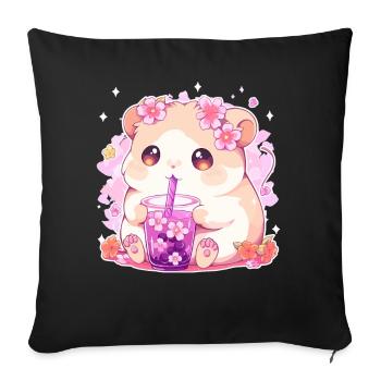 Kawaii Hamster Boissons Boba Bubble Tea Chibi - Housse de coussin décorative 45 x 45 cm - noir - Devant