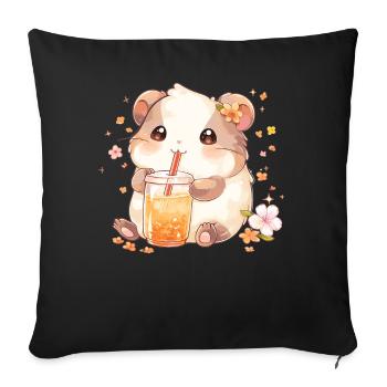 Kawaii Hamster Boissons Boba Bubble Tea Chibi - Housse de coussin décorative 45 x 45 cm - noir - Devant