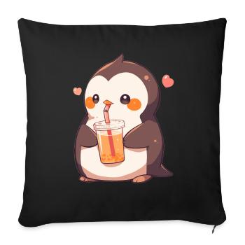 Kawaii Penguin Drinks Boba Bubble Tea Chibi - Sofa pillowcase 17,3'' x 17,3'' (45 x 45 cm) - black - Front