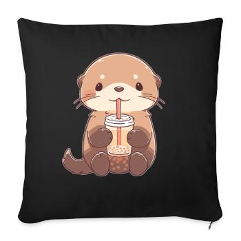 Kawaii Otter Drinks Boba Bubble Tea Chibi - Sofa pillowcase 17,3'' x 17,3'' (45 x 45 cm) - black - Front