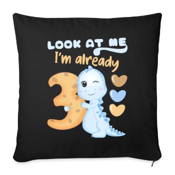 3ème anniversaire, 3 ans, dinosaure kawaii - Housse de coussin décorative 45 x 45 cm - noir - Devant