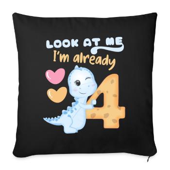 4e anniversaire, 4 ans, dinosaure kawaii - Housse de coussin décorative 45 x 45 cm - noir - Devant