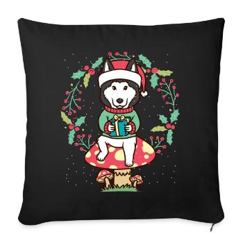 Siberian Husky Dog on Mushroom Christmas Wreath - Sofa pillowcase 17,3'' x 17,3'' (45 x 45 cm) - black - Front