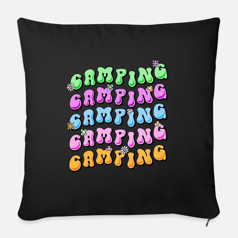 Camping Retro Style 70er Jahre Hippie Flower Power - Sofakissenbezug 45 x 45 cm - Schwarz