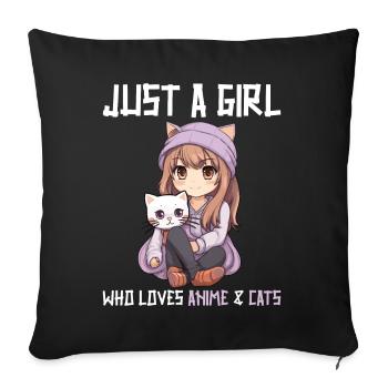 Kawaii Girl Anime Manga Fille et chat - Housse de coussin décorative 45 x 45 cm - noir - Devant