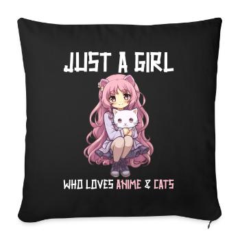 Kawaii Girl Anime Manga Fille et chat - Housse de coussin décorative 45 x 45 cm - noir - Devant