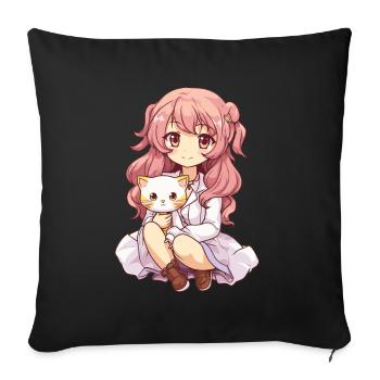 Kawaii Girl Anime Manga Fille et chat - Housse de coussin décorative 45 x 45 cm - noir - Devant