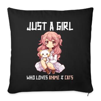 Kawaii Girl Anime Manga Girl and Cat - Sofa pillowcase 17,3'' x 17,3'' (45 x 45 cm) - black - Front